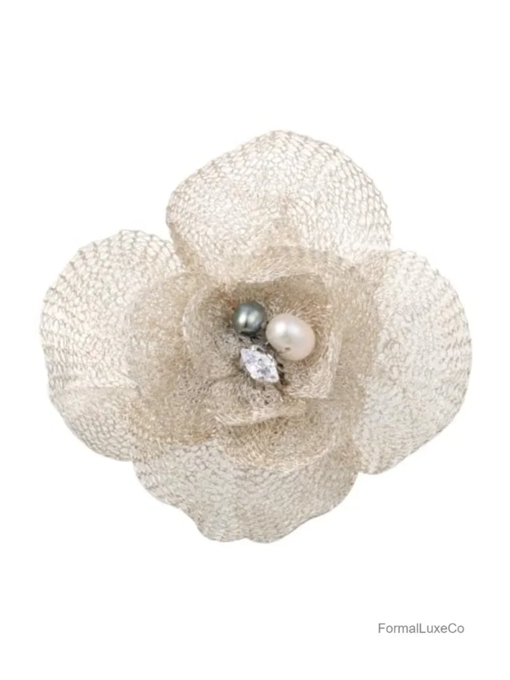 Handmade Copper Floral Brooch, Baroque Pearl & Cubic Zirconia Vintage Pin